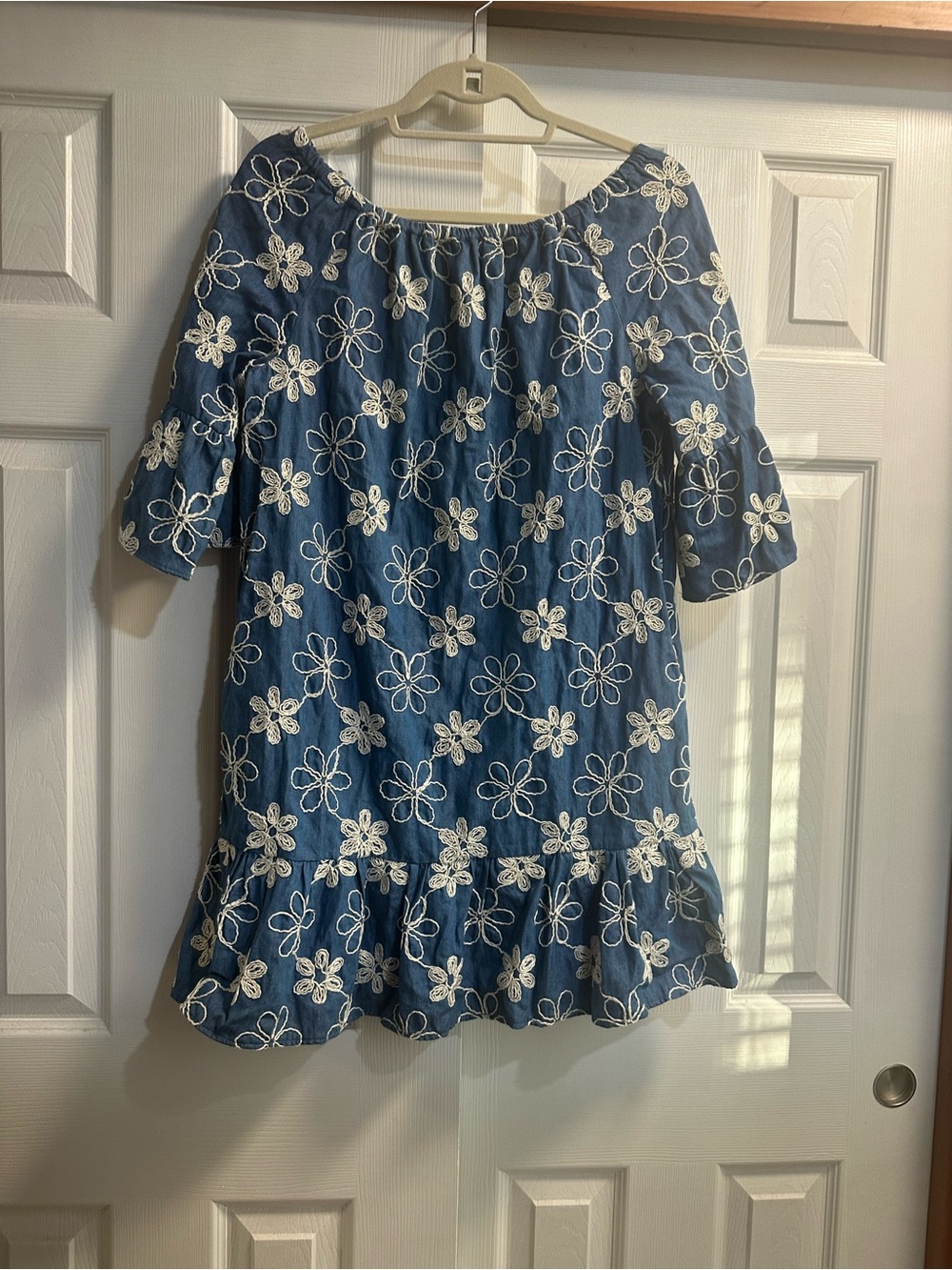 Blue Floral Off-Shoulder Embroidered Tunic with Ruffle Hem